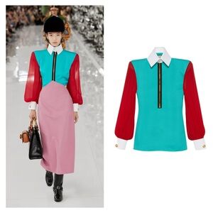 GUCCI shirt top blouse silk IT 34 US 00 XXS red white blue NO COLLAR sheer rare